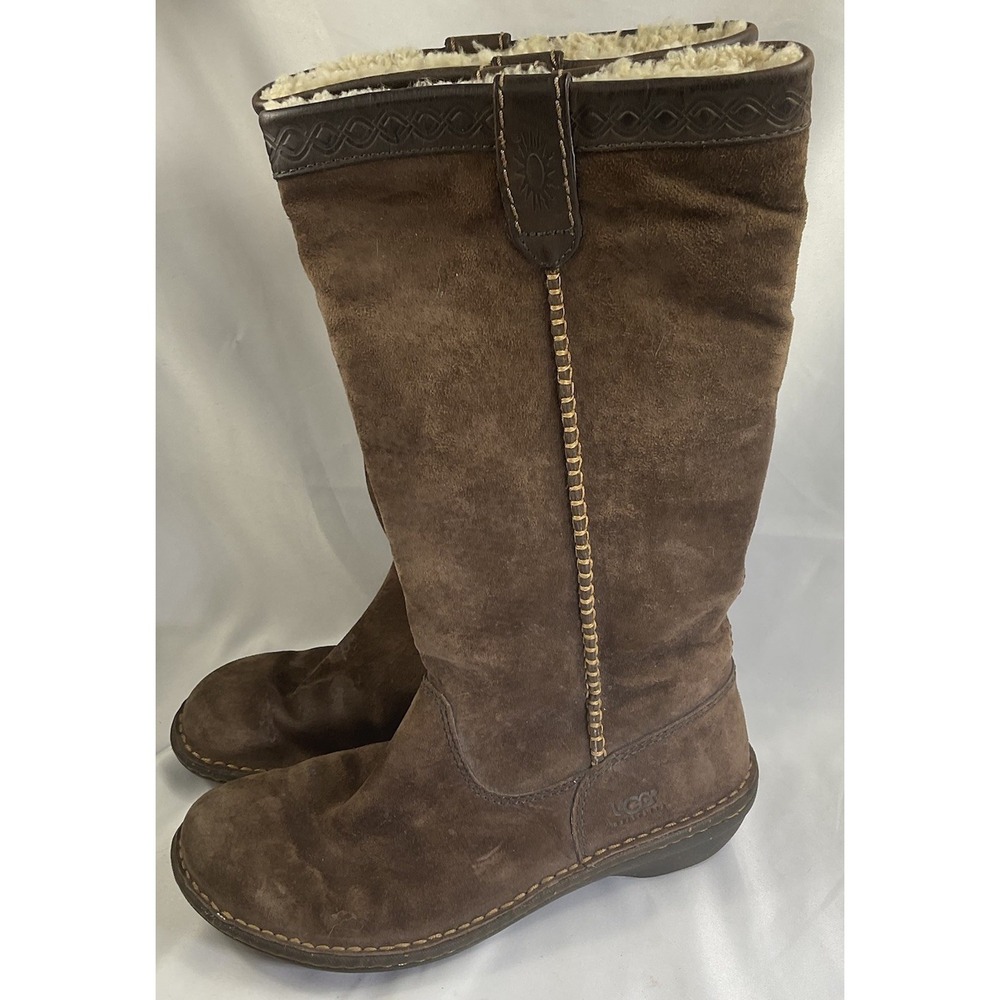 UGG Swell Boots Womens 7 Shearling Lined Brown Suede Winter Outdoor Pull 5676